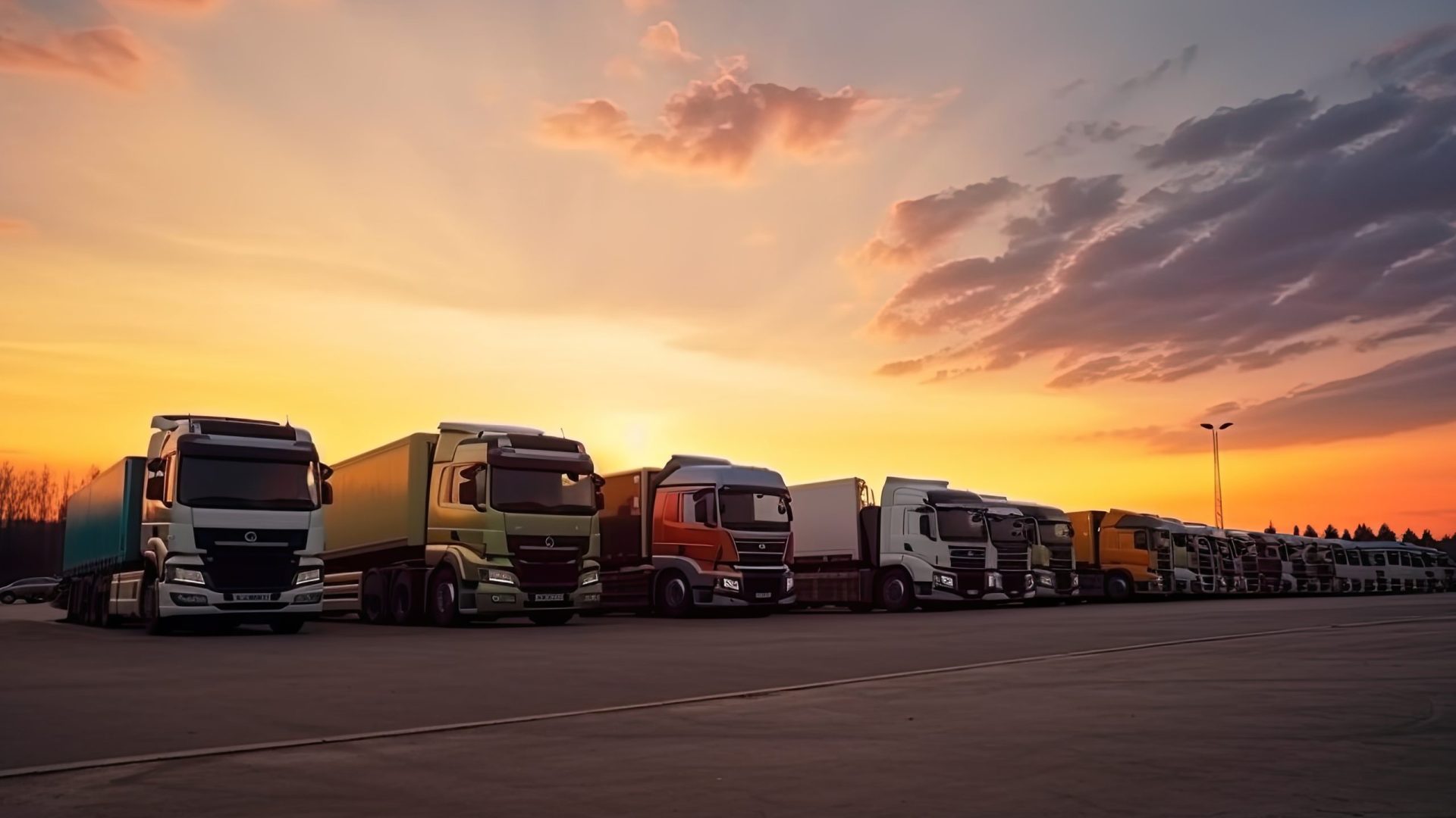 many transport trucks parked at a service station at sunset.